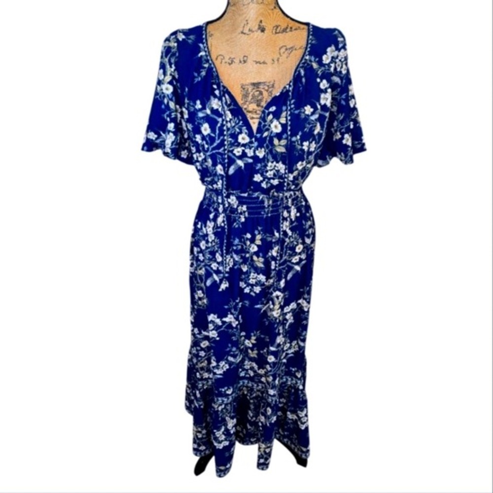 Max Studio Floral Birds Blue Boho Peasant Midi Dress Size Medium New